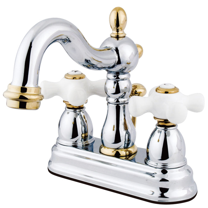 Heritage KB1604PX Two-Handle 3-Hole Deck Mount 4" Centerset Bathroom Faucet with Plastic Pop-Up, Polished Chrome/Polished Brass