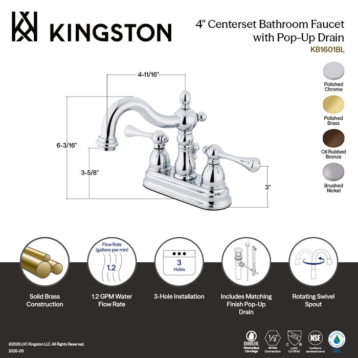 Kingston Heirloom KB1605BL - Heritage Double-Handle 3-Hole Deck Mount 4-Inch Centerset Bathroom Faucet with Pop-Up Drain, Oil Rubbed Bronze
