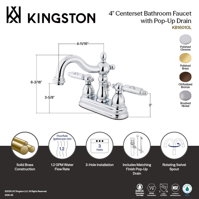 Kingston Heirloom KB1605GL - Heritage Double-Handle 3-Hole Deck Mount 4-Inch Centerset Bathroom Faucet with Pop-Up Drain, Oil Rubbed Bronze