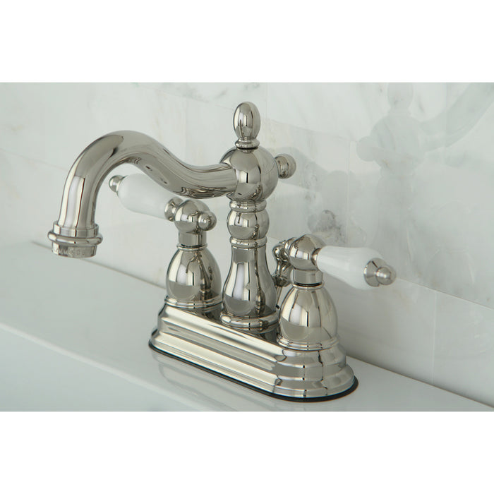 Kingston Heirloom KB1606PL - Heritage Double-Handle 3-Hole Deck Mount 4-Inch Centerset Bathroom Faucet with Pop-Up Drain, Polished Nickel
