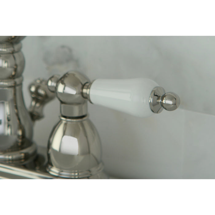 Kingston Heirloom KB1606PL - Heritage Double-Handle 3-Hole Deck Mount 4-Inch Centerset Bathroom Faucet with Pop-Up Drain, Polished Nickel