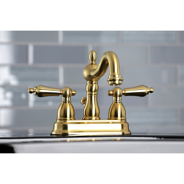 Kingston Heirloom KB1607AL - Heritage Double-Handle 3-Hole Deck Mount 4-Inch Centerset Bathroom Faucet with Pop-Up Drain, Brushed Brass