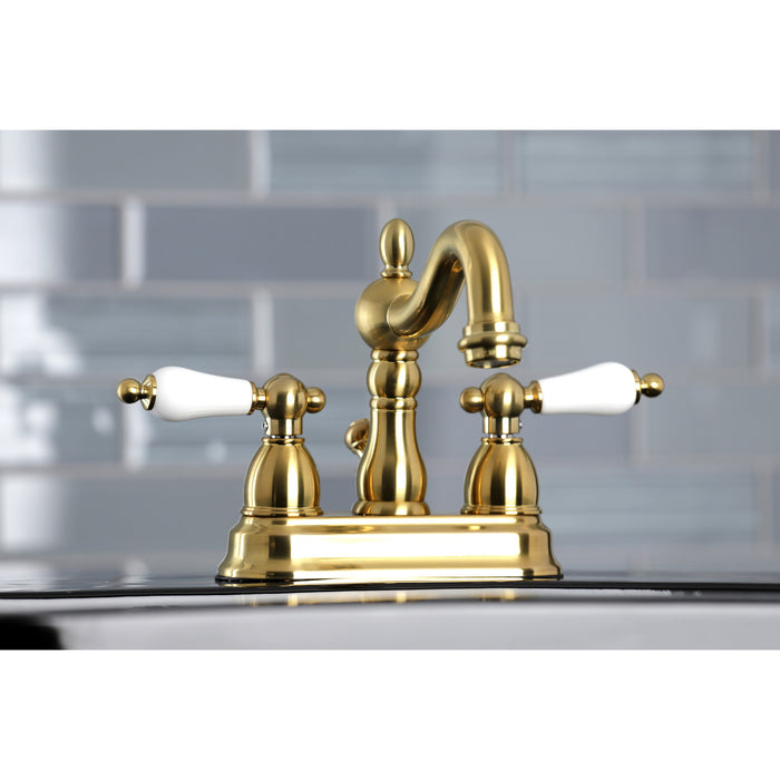 Kingston Heirloom KB1607PL - Heritage Double-Handle 3-Hole Deck Mount 4-Inch Centerset Bathroom Faucet with Pop-Up Drain, Brushed Brass