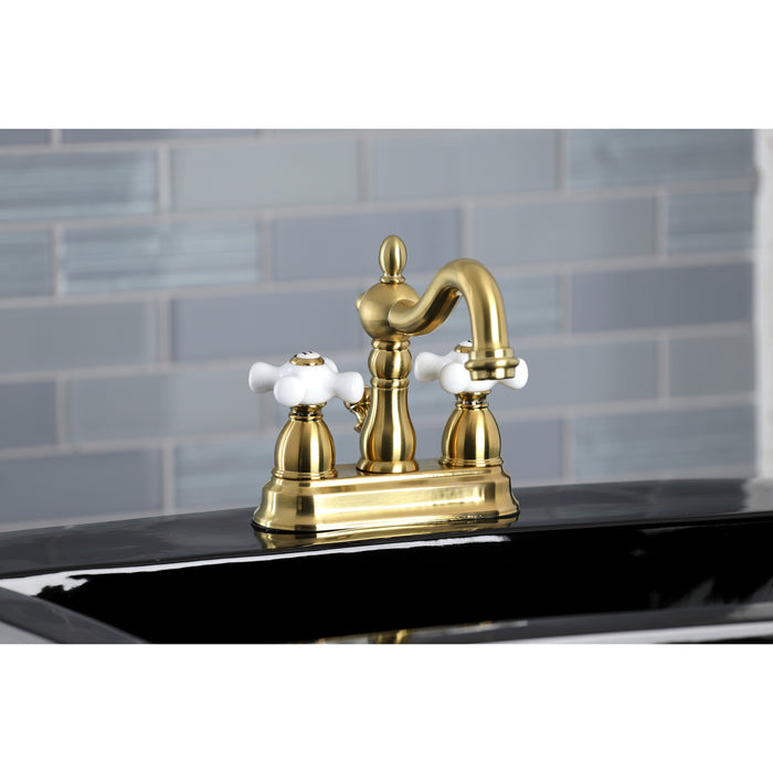 Heritage KB1607PX Two-Handle 3-Hole Deck Mount 4" Centerset Bathroom Faucet with Plastic Pop-Up, Brushed Brass