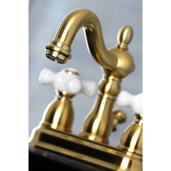 Kingston Heirloom KB1607PX - Heritage Double-Handle 3-Hole Deck Mount 4-Inch Centerset Bathroom Faucet with Pop-Up Drain, Brushed Brass