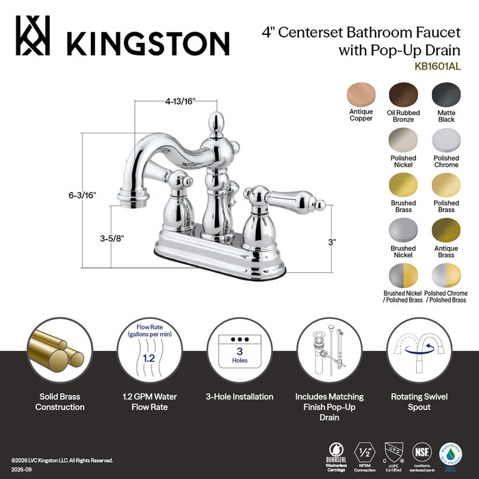 Kingston Heirloom KB1608AL - Heritage Double-Handle 3-Hole Deck Mount 4-Inch Centerset Bathroom Faucet with Pop-Up Drain, Brushed Nickel