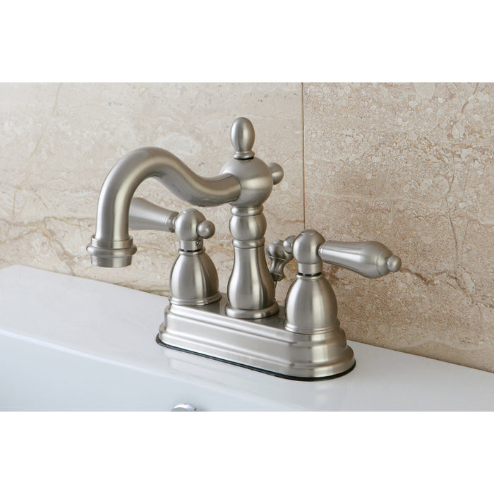 Kingston Heirloom KB1608AL - Heritage Double-Handle 3-Hole Deck Mount 4-Inch Centerset Bathroom Faucet with Pop-Up Drain, Brushed Nickel