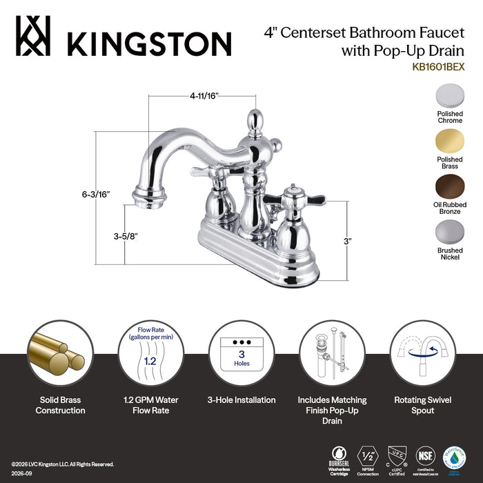 Kingston Heirloom KB1608BEX - Essex Double-Handle 3-Hole Deck Mount 4-Inch Centerset Bathroom Faucet with Pop-Up Drain, Brushed Nickel