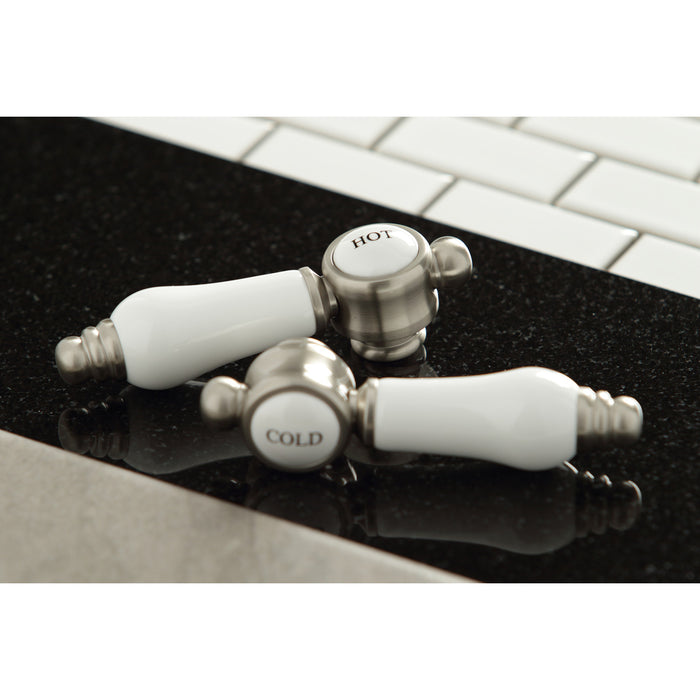 Kingston Heirloom KB1608BPL - Bel-Air Double-Handle 3-Hole Deck Mount 4-Inch Centerset Bathroom Faucet with Pop-Up Drain, Brushed Nickel