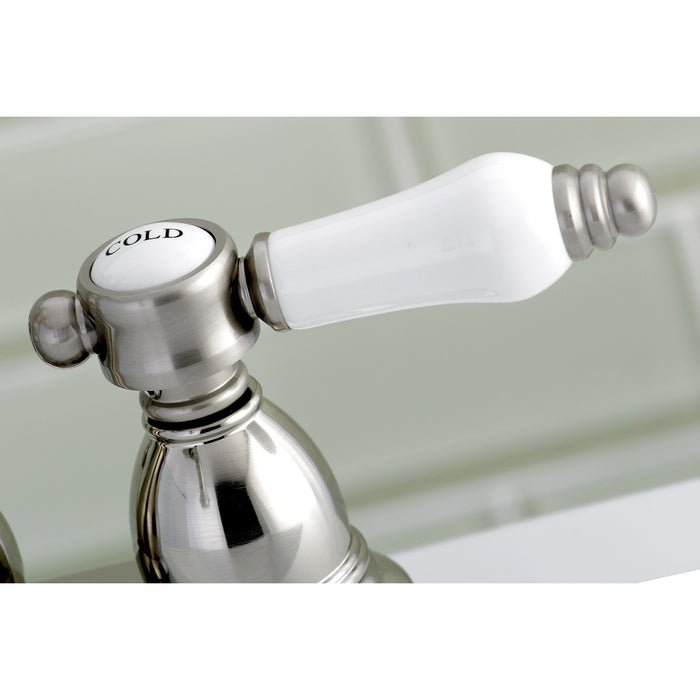 Kingston Heirloom KB1608BPL - Bel-Air Double-Handle 3-Hole Deck Mount 4-Inch Centerset Bathroom Faucet with Pop-Up Drain, Brushed Nickel