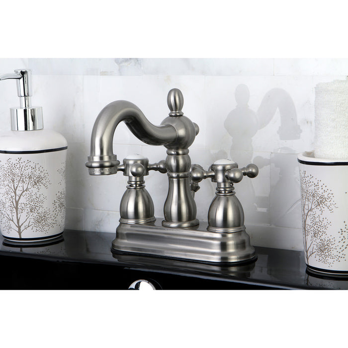 Kingston Heirloom KB1608BX - Heritage Double-Handle 3-Hole Deck Mount 4-Inch Centerset Bathroom Faucet with Pop-Up Drain, Brushed Nickel