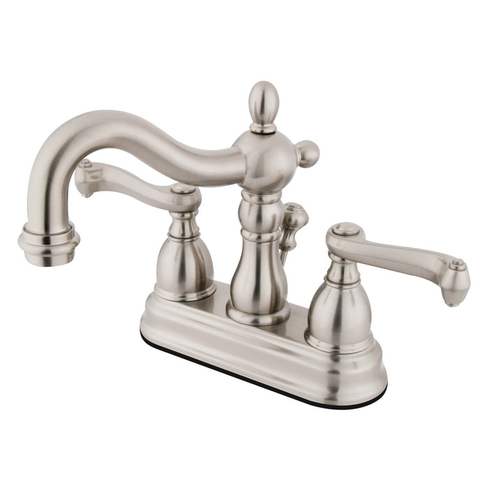 Kingston Heirloom KB1608FL - Heritage Double-Handle 3-Hole Deck Mount 4-Inch Centerset Bathroom Faucet with Pop-Up Drain, Brushed Nickel
