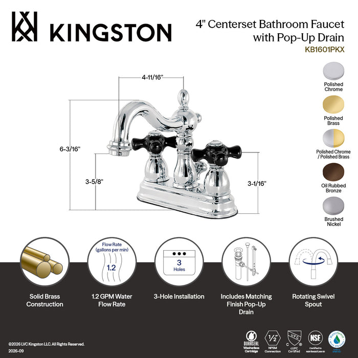 Kingston Heirloom KB1608PKX - Duchess Double-Handle 3-Hole Deck Mount 4-Inch Centerset Bathroom Faucet with Pop-Up Drain, Brushed Nickel