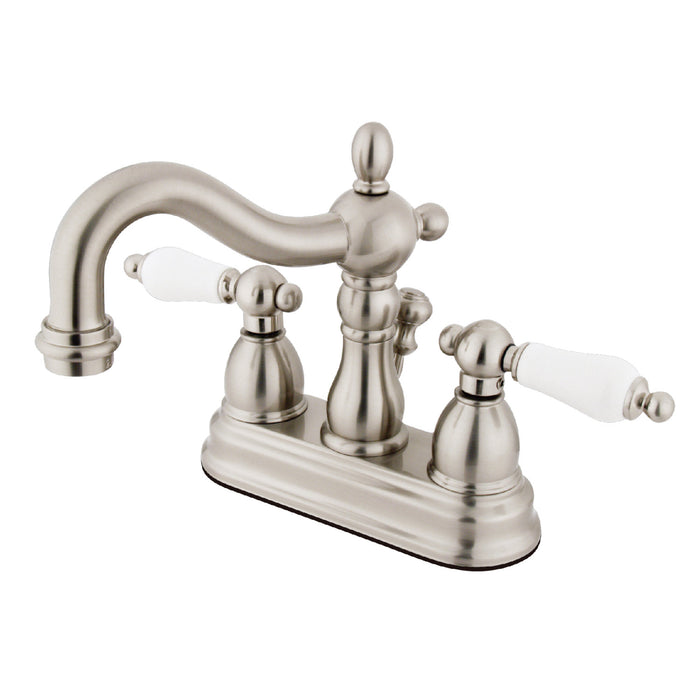 Kingston Heirloom KB1608PL - Heritage Double-Handle 3-Hole Deck Mount 4-Inch Centerset Bathroom Faucet with Pop-Up Drain, Brushed Nickel