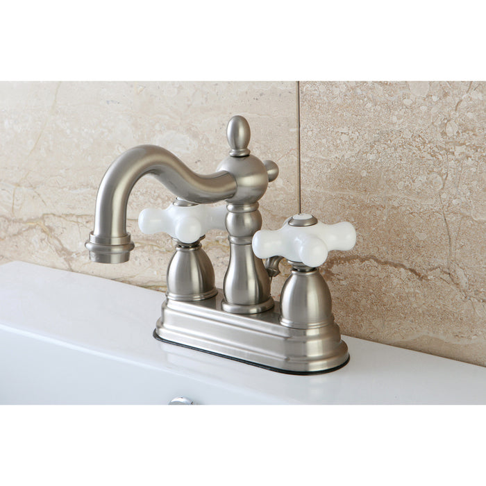 Kingston Heirloom KB1608PX - Heritage Double-Handle 3-Hole Deck Mount 4-Inch Centerset Bathroom Faucet with Pop-Up Drain, Brushed Nickel