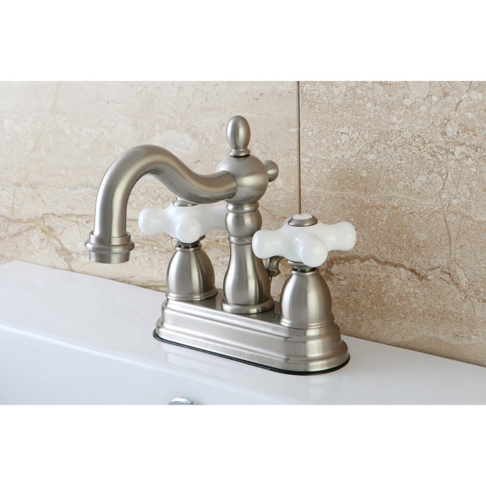 Heritage KB1608PX Two-Handle 3-Hole Deck Mount 4" Centerset Bathroom Faucet with Plastic Pop-Up, Brushed Nickel