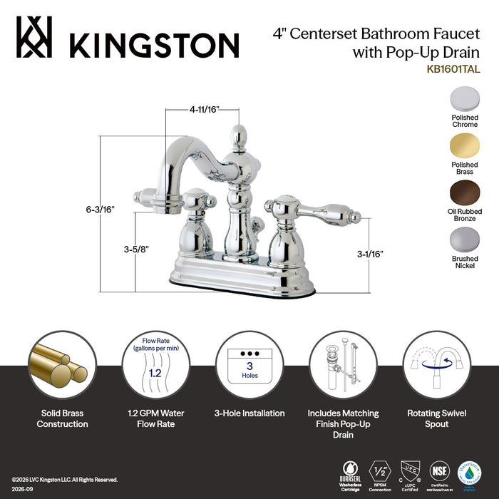 Kingston Heirloom KB1608TAL - Tudor Double-Handle 3-Hole Deck Mount 4-Inch Centerset Bathroom Faucet with Pop-Up Drain, Brushed Nickel