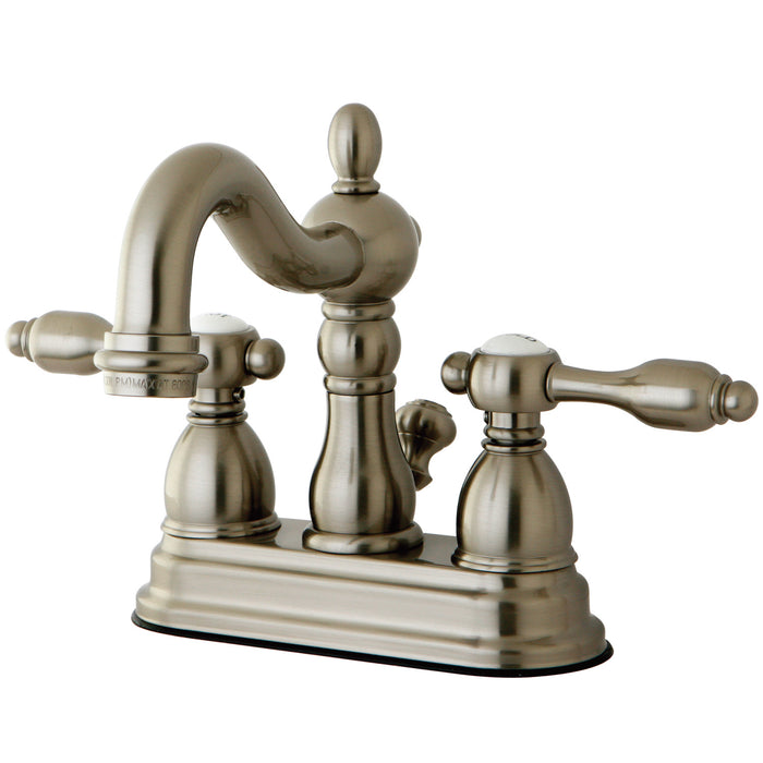 Kingston Heirloom KB1608TAL - Tudor Double-Handle 3-Hole Deck Mount 4-Inch Centerset Bathroom Faucet with Pop-Up Drain, Brushed Nickel