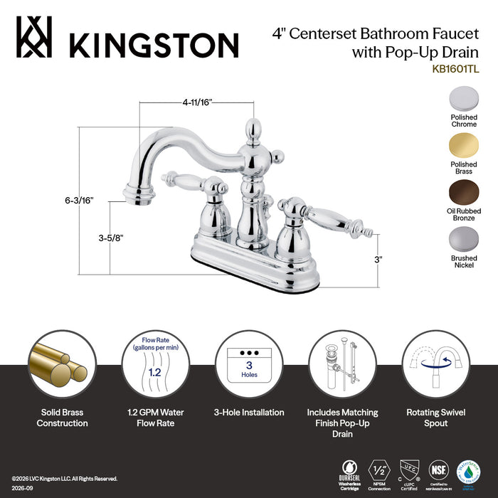 Kingston Heirloom KB1608TL - Heritage Double-Handle 3-Hole Deck Mount 4-Inch Centerset Bathroom Faucet with Pop-Up Drain, Brushed Nickel