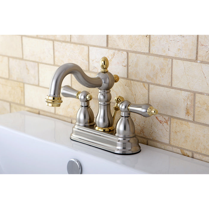 Kingston Heirloom KB1609AL - Heritage Double-Handle 3-Hole Deck Mount 4-Inch Centerset Bathroom Faucet with Pop-Up Drain, Brushed Nickel/Polished Brass