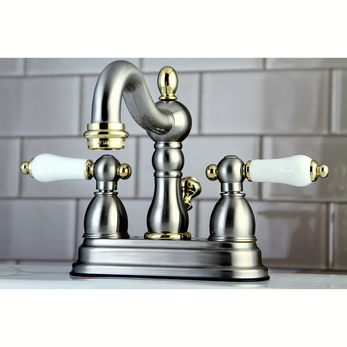 Heritage KB1609PL Double-Handle 3-Hole Deck Mount 4-Inch Centerset Bathroom Faucet with Pop-Up Drain, Brushed Nickel/Polished Brass