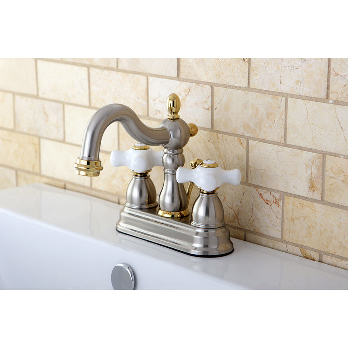 Kingston Heirloom KB1609PX - Heritage Double-Handle 3-Hole Deck Mount 4-Inch Centerset Bathroom Faucet with Pop-Up Drain, Brushed Nickel/Polished Brass