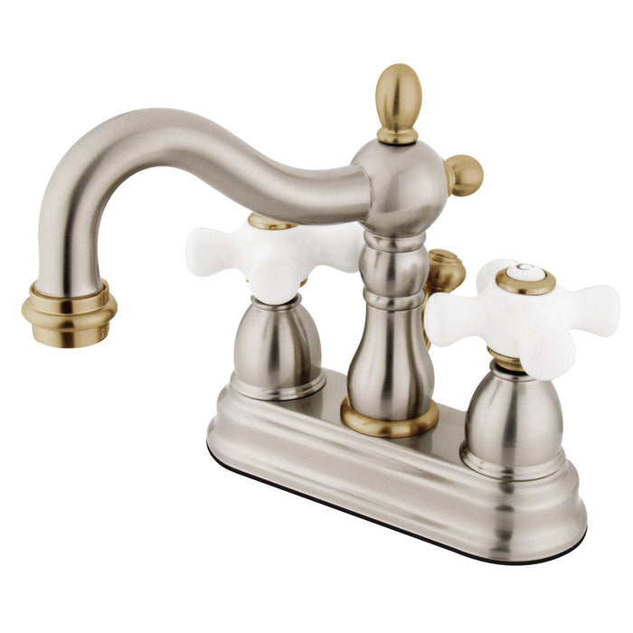 Kingston Heirloom KB1609PX - Heritage Double-Handle 3-Hole Deck Mount 4-Inch Centerset Bathroom Faucet with Pop-Up Drain, Brushed Nickel/Polished Brass