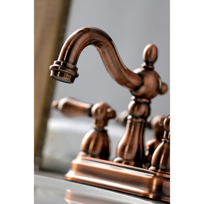 Kingston Heirloom KB160ALAC - Heritage Double-Handle 3-Hole Deck Mount 4-Inch Centerset Bathroom Faucet with Pop-Up Drain, Antique Copper