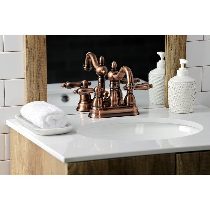 Kingston Heirloom KB160ALAC - Heritage Double-Handle 3-Hole Deck Mount 4-Inch Centerset Bathroom Faucet with Pop-Up Drain, Antique Copper