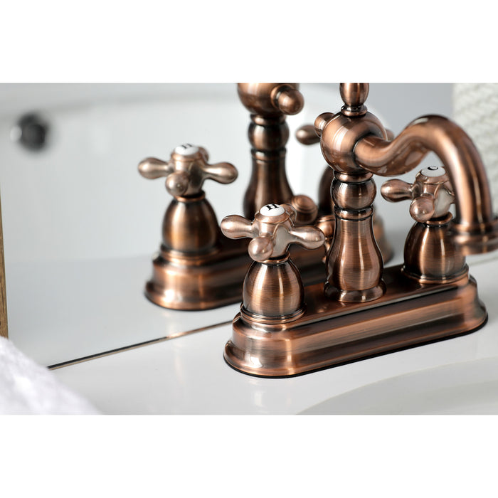 Kingston Heirloom KB160AXAC - Heritage Double-Handle 3-Hole Deck Mount 4-Inch Centerset Bathroom Faucet with Pop-Up Drain, Antique Copper