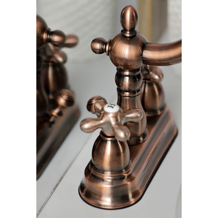 Kingston Heirloom KB160AXAC - Heritage Double-Handle 3-Hole Deck Mount 4-Inch Centerset Bathroom Faucet with Pop-Up Drain, Antique Copper