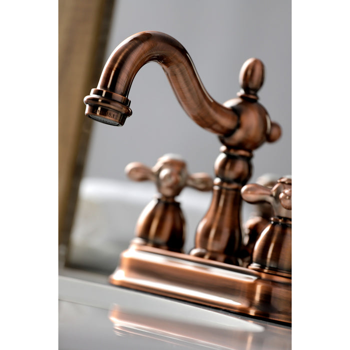 Kingston Heirloom KB160AXAC - Heritage Double-Handle 3-Hole Deck Mount 4-Inch Centerset Bathroom Faucet with Pop-Up Drain, Antique Copper