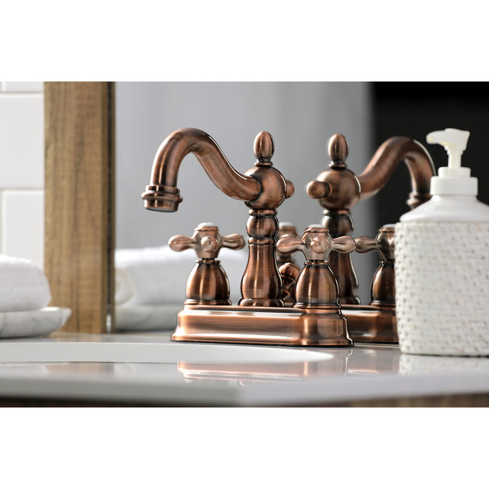 Kingston Heirloom KB160AXAC - Heritage Double-Handle 3-Hole Deck Mount 4-Inch Centerset Bathroom Faucet with Pop-Up Drain, Antique Copper