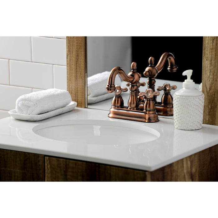 Kingston Heirloom KB160AXAC - Heritage Double-Handle 3-Hole Deck Mount 4-Inch Centerset Bathroom Faucet with Pop-Up Drain, Antique Copper