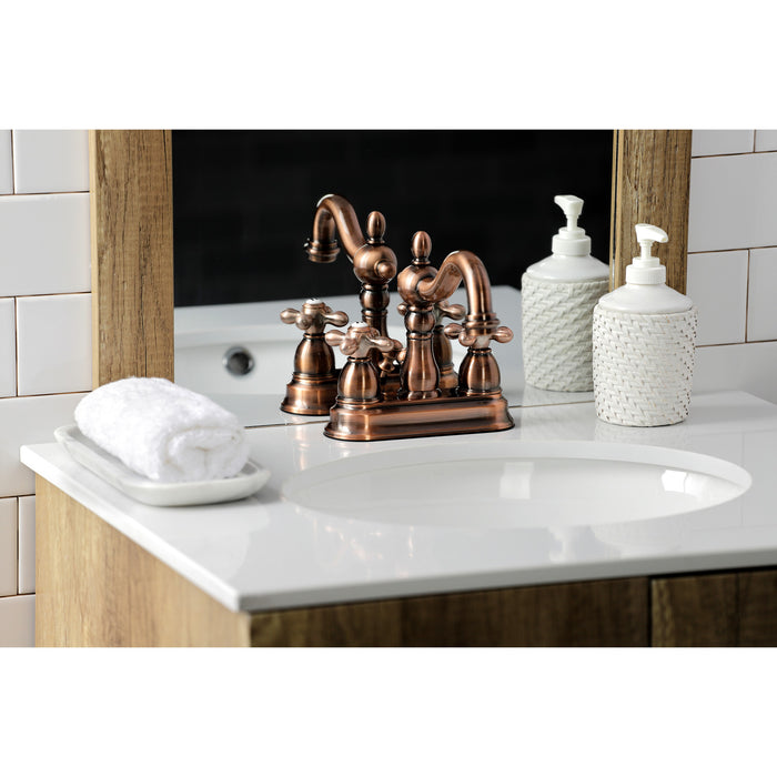 Kingston Heirloom KB160AXAC - Heritage Double-Handle 3-Hole Deck Mount 4-Inch Centerset Bathroom Faucet with Pop-Up Drain, Antique Copper