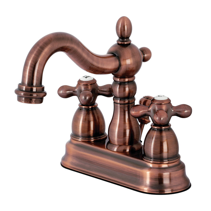 Kingston Heirloom KB160AXAC - Heritage Double-Handle 3-Hole Deck Mount 4-Inch Centerset Bathroom Faucet with Pop-Up Drain, Antique Copper