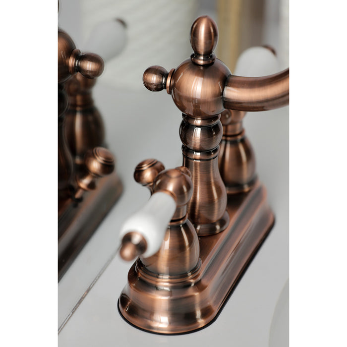 Kingston Heirloom KB160PLAC - Heritage Double-Handle 3-Hole Deck Mount 4-Inch Centerset Bathroom Faucet with Pop-Up Drain, Antique Copper