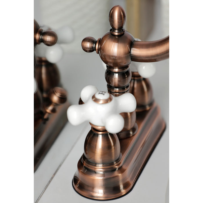 Kingston Heirloom KB160PXAC - Heritage Double-Handle 3-Hole Deck Mount 4-Inch Centerset Bathroom Faucet with Pop-Up Drain, Antique Copper