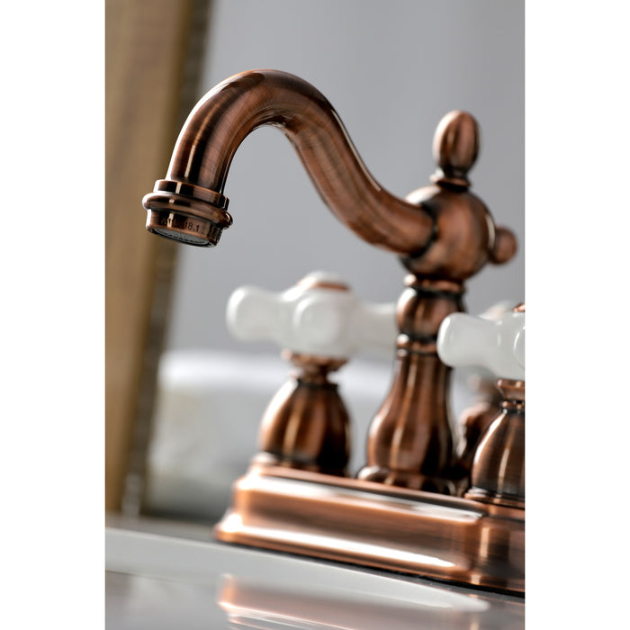 Kingston Heirloom KB160PXAC - Heritage Double-Handle 3-Hole Deck Mount 4-Inch Centerset Bathroom Faucet with Pop-Up Drain, Antique Copper
