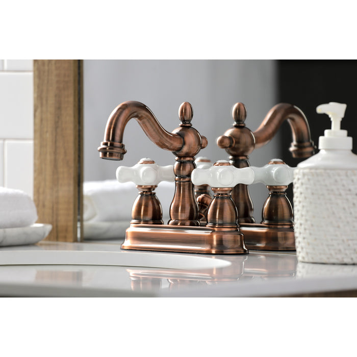 Kingston Heirloom KB160PXAC - Heritage Double-Handle 3-Hole Deck Mount 4-Inch Centerset Bathroom Faucet with Pop-Up Drain, Antique Copper