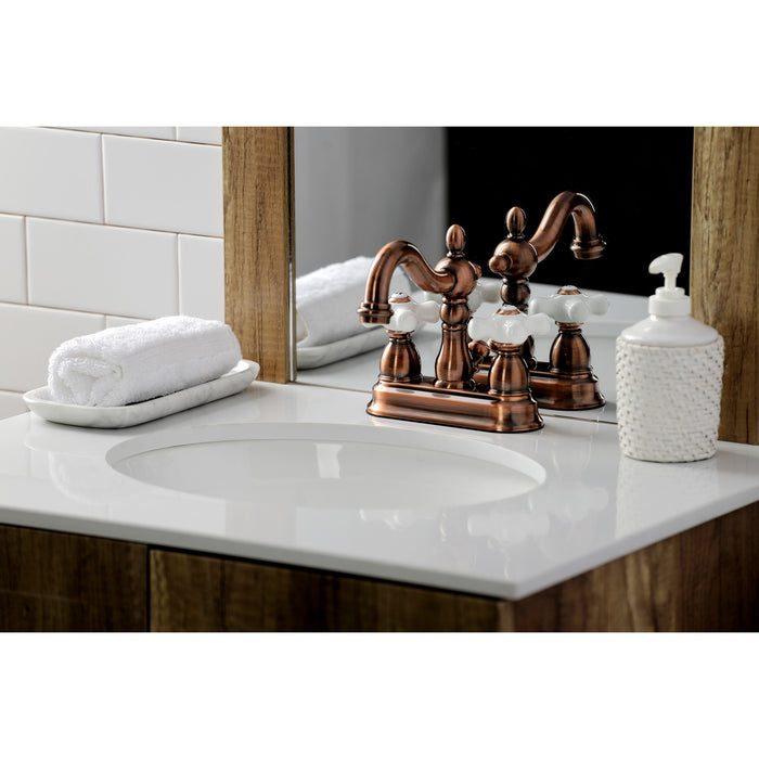 Kingston Heirloom KB160PXAC - Heritage Double-Handle 3-Hole Deck Mount 4-Inch Centerset Bathroom Faucet with Pop-Up Drain, Antique Copper