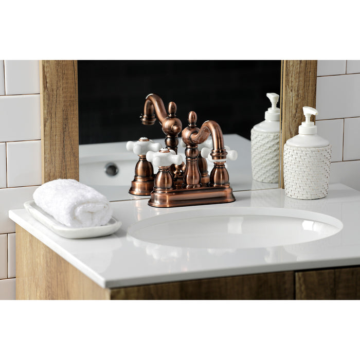 Kingston Heirloom KB160PXAC - Heritage Double-Handle 3-Hole Deck Mount 4-Inch Centerset Bathroom Faucet with Pop-Up Drain, Antique Copper