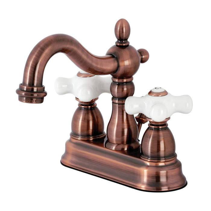 Kingston Heirloom KB160PXAC - Heritage Double-Handle 3-Hole Deck Mount 4-Inch Centerset Bathroom Faucet with Pop-Up Drain, Antique Copper