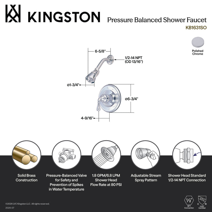 Kingston Magellan KB1631SO Single-Handle Pressure Balanced Shower Faucet, Polished Chrome