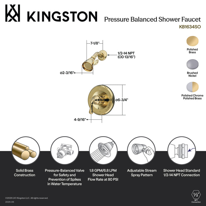 Kingston Tulare KB1632SO - Magellan Single-Handle Pressure Balanced Shower Faucet, Polished Brass