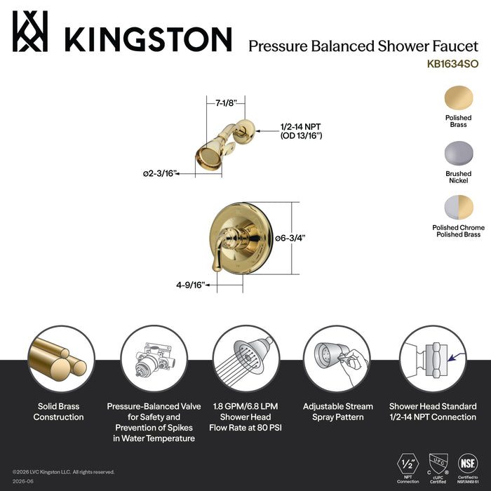 Kingston Tulare KB1638SO - Magellan Single-Handle Pressure Balanced Shower Faucet, Brushed Nickel