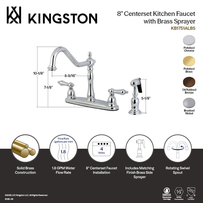 Kingston Heirloom KB1751ALBS - Heritage Two-Handle 4-Hole 8" Centerset Kitchen Faucet with Brass Sprayer, Polished Chrome