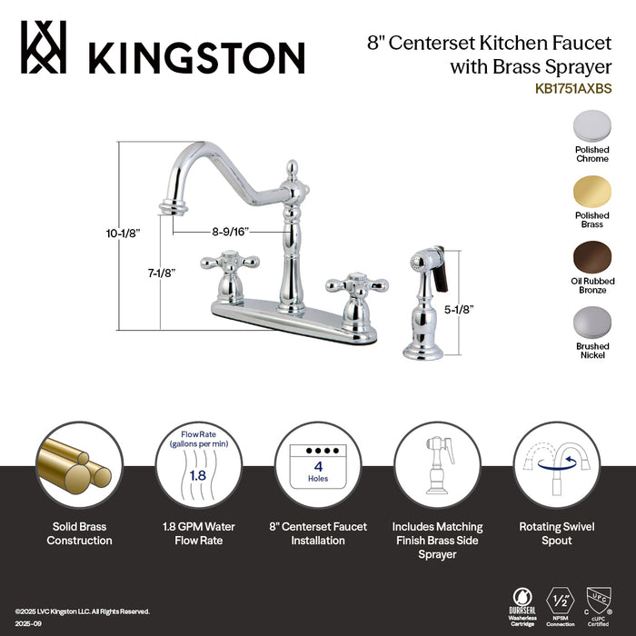 Kingston Heirloom KB1751AXBS - Heritage Two-Handle 4-Hole 8" Centerset Kitchen Faucet with Brass Sprayer, Polished Chrome