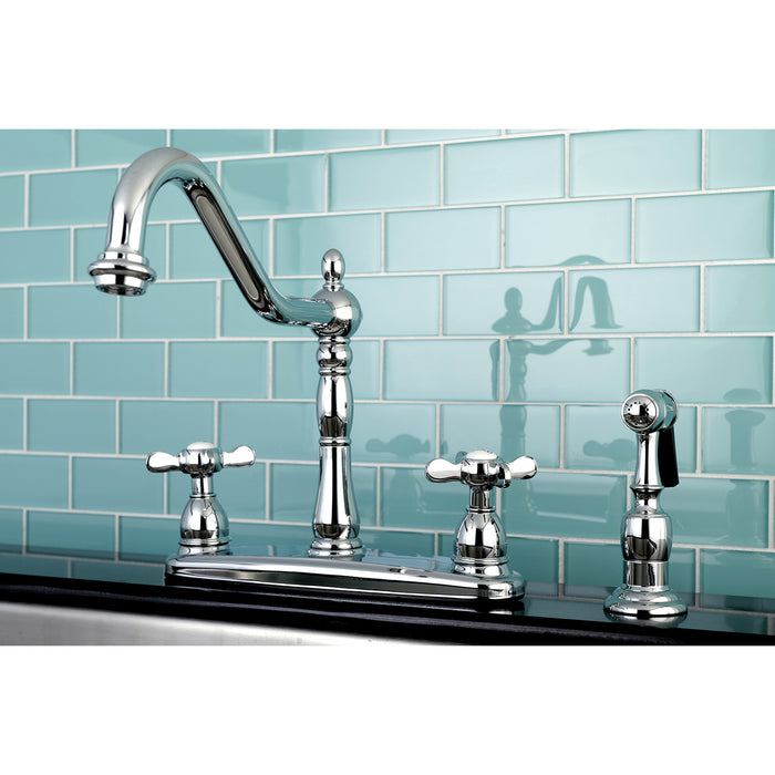 Kingston Heirloom KB1751BEXBS - Essex Two-Handle 4-Hole 8" Centerset Kitchen Faucet with Brass Sprayer, Polished Chrome