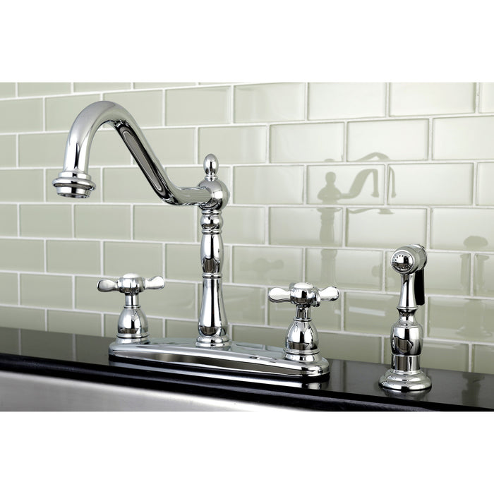 Kingston Heirloom KB1751BEXBS - Essex Two-Handle 4-Hole 8" Centerset Kitchen Faucet with Brass Sprayer, Polished Chrome